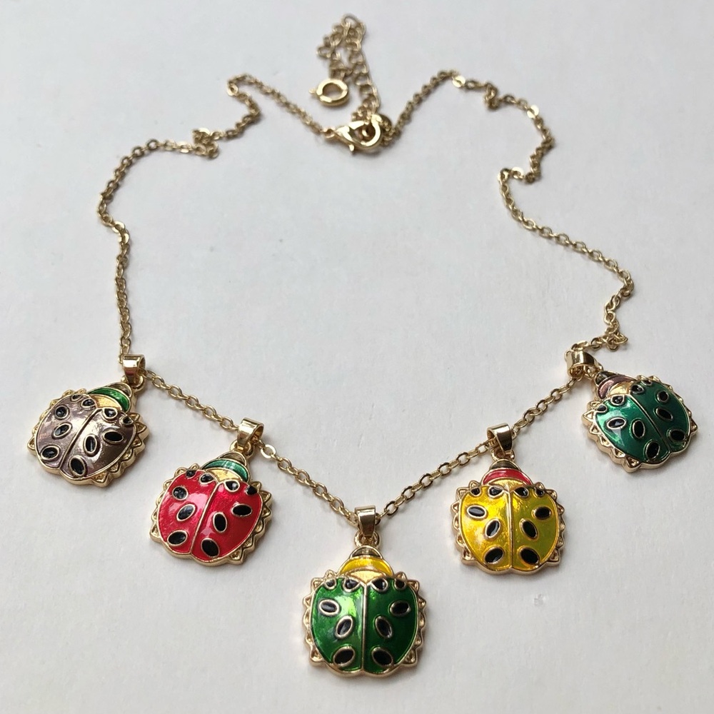 🌹🍃New RMN Multicolor Enamel (5) Ladybug Pendant Gold-Tone Necklace🍃🌹